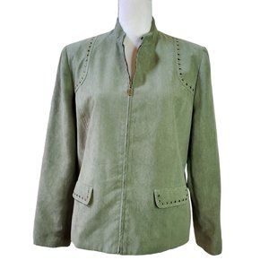 VTG Alfred Dunner Womens Jacket Sz 14P Green Gold Tone Studs Collared Full Zip